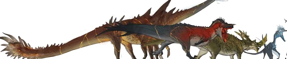 Arte conceptual de cuatro dinosaurios gigantes.