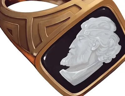Un anillo de oro tiene una piedra blanca con cabeza de hombre.