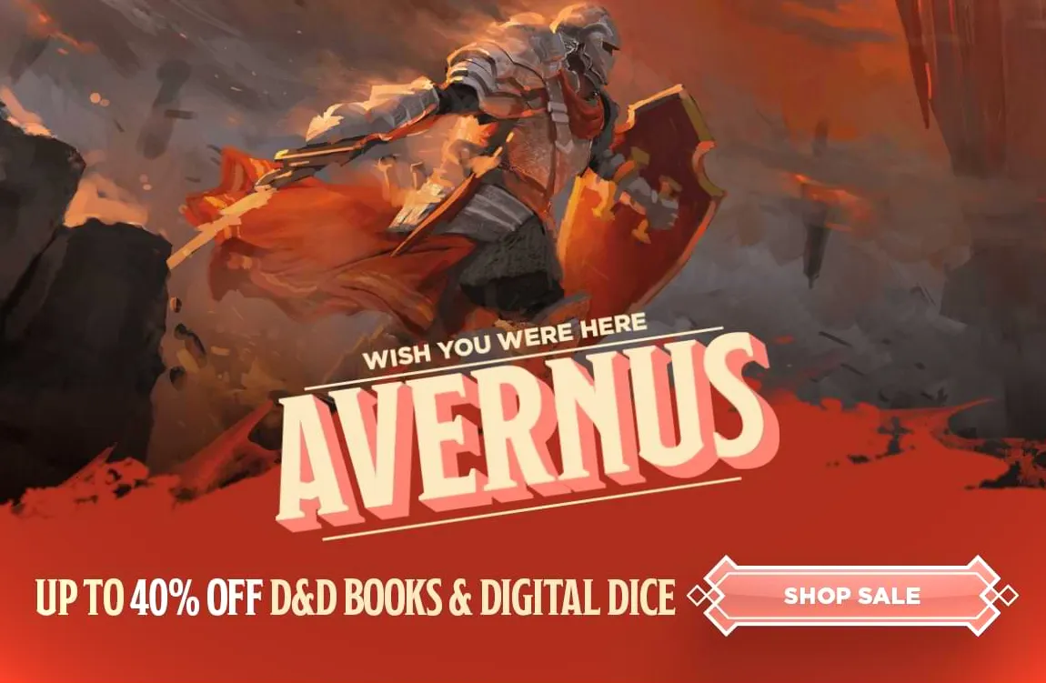 Un paladín empuña una espada y un escudo en Avernus.  El texto dice: Hasta un 40 % de descuento en libros de DD y datos digitales.  Oferta en tienda.