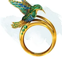 Un anillo dorado con esmeralda en forma de colibrí