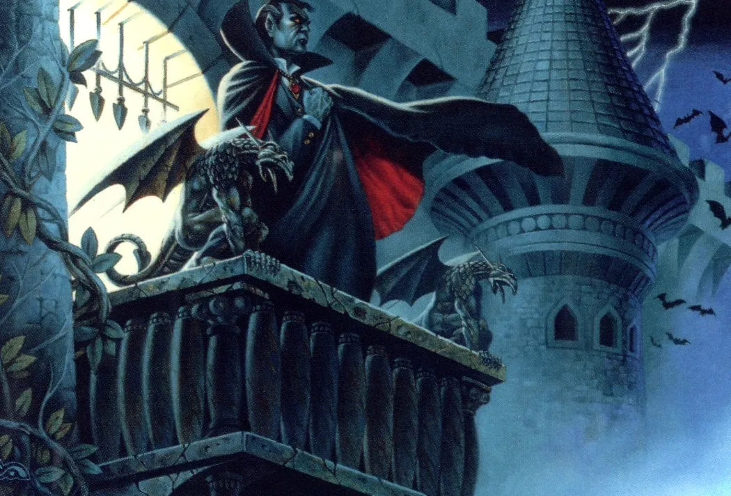 Strahd de 1e de pie en el balcón del Castillo Ravenloft