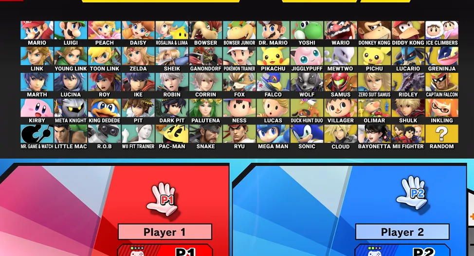 La pantalla de selección de personaje de Super Smash Bros. Ultimate