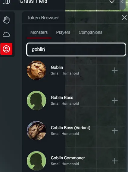 Captura de pantalla del modo Navegador de tokens de DD Beyond Maps con Goblin en la barra de búsqueda.