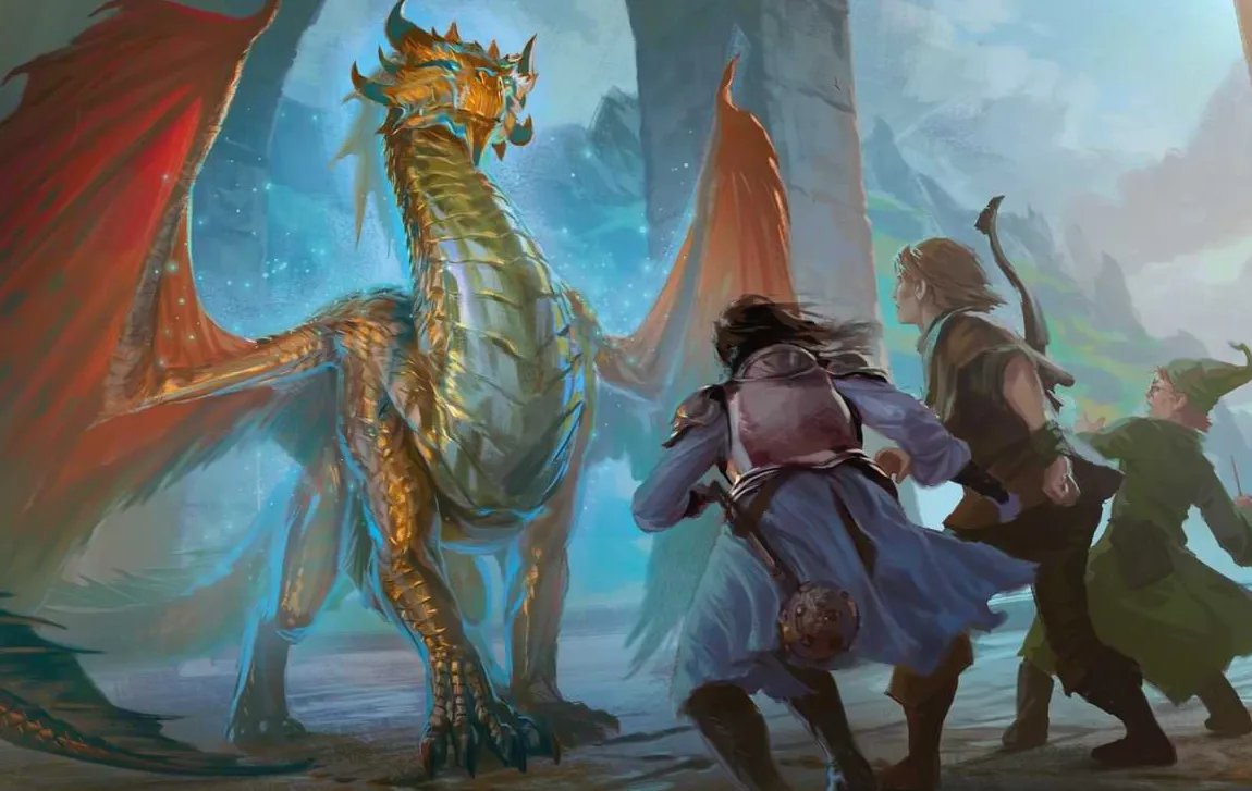 Un dragón de bronce se alza majestuoso ante los sorprendidos aventureros.