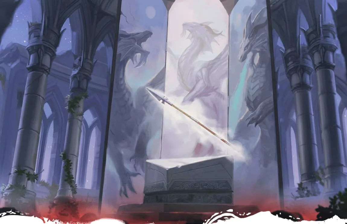 Una dragonlance legendaria se encuentra encima de un pedestal para Paladine.