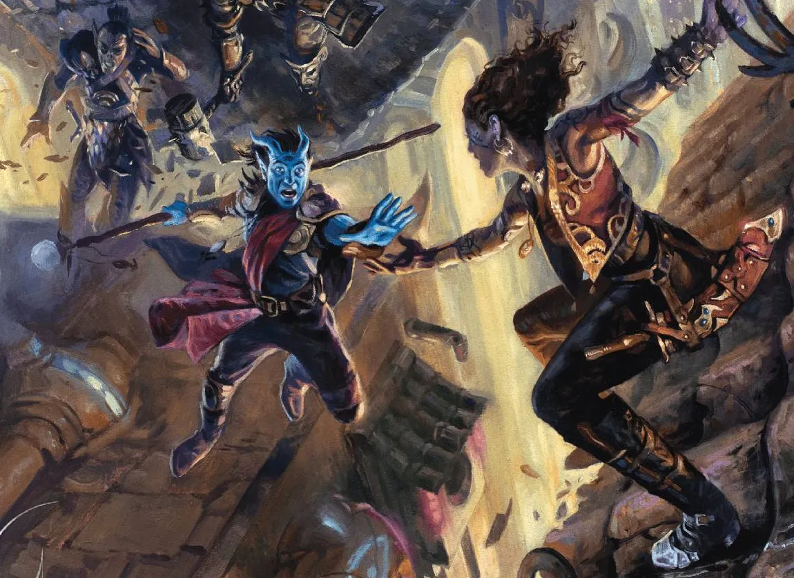 Un aventurero tiflin salta por los tejados para evitar a los githyanki que lo persiguen.