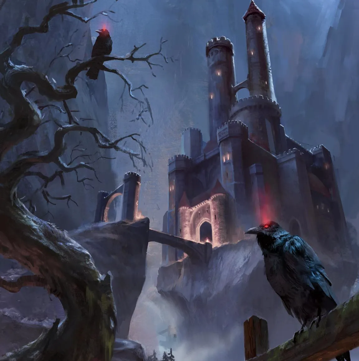 Castle Ravenloft está en el fondo de la toma con cuervos sentados amenazadoramente en las ramas de los árboles muertos en primer plano.