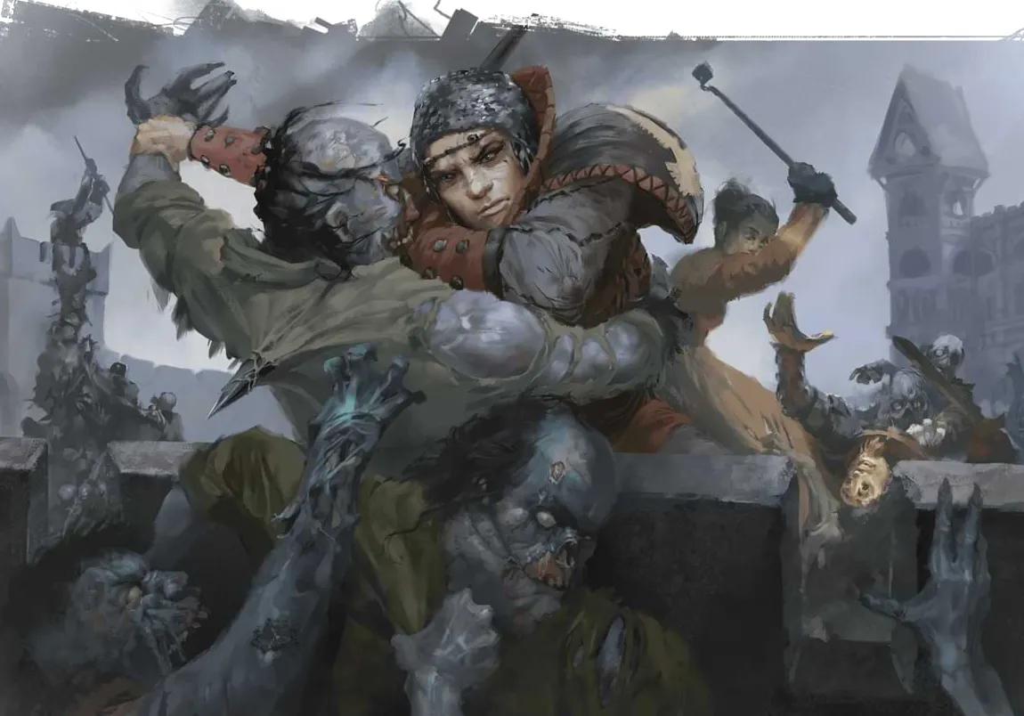 Un héroe lucha contra una horda de zombies.
