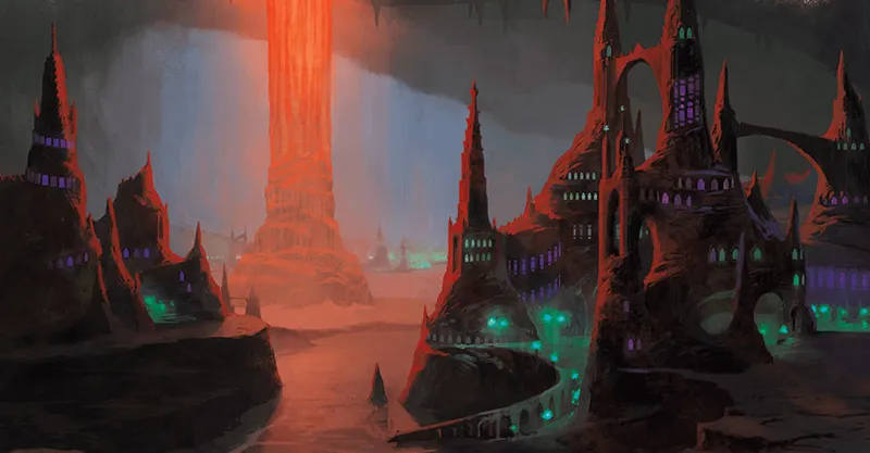 Fuegos sobrenaturales resplandecientes iluminan la cavernosa ciudad de Menzoberranzan