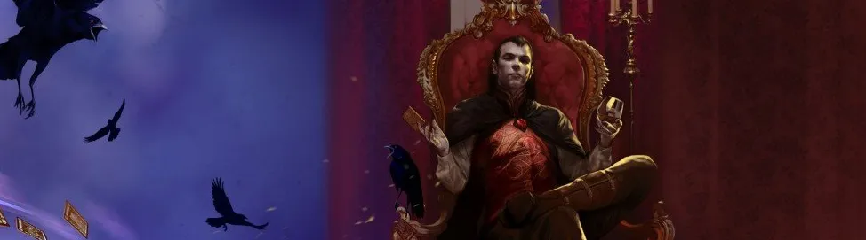 Arte de portada de La maldición de Strahd.  El señor vampiro Strahd se sienta en su trono rojo con una bandada de cuervos volando en el cielo junto a él.