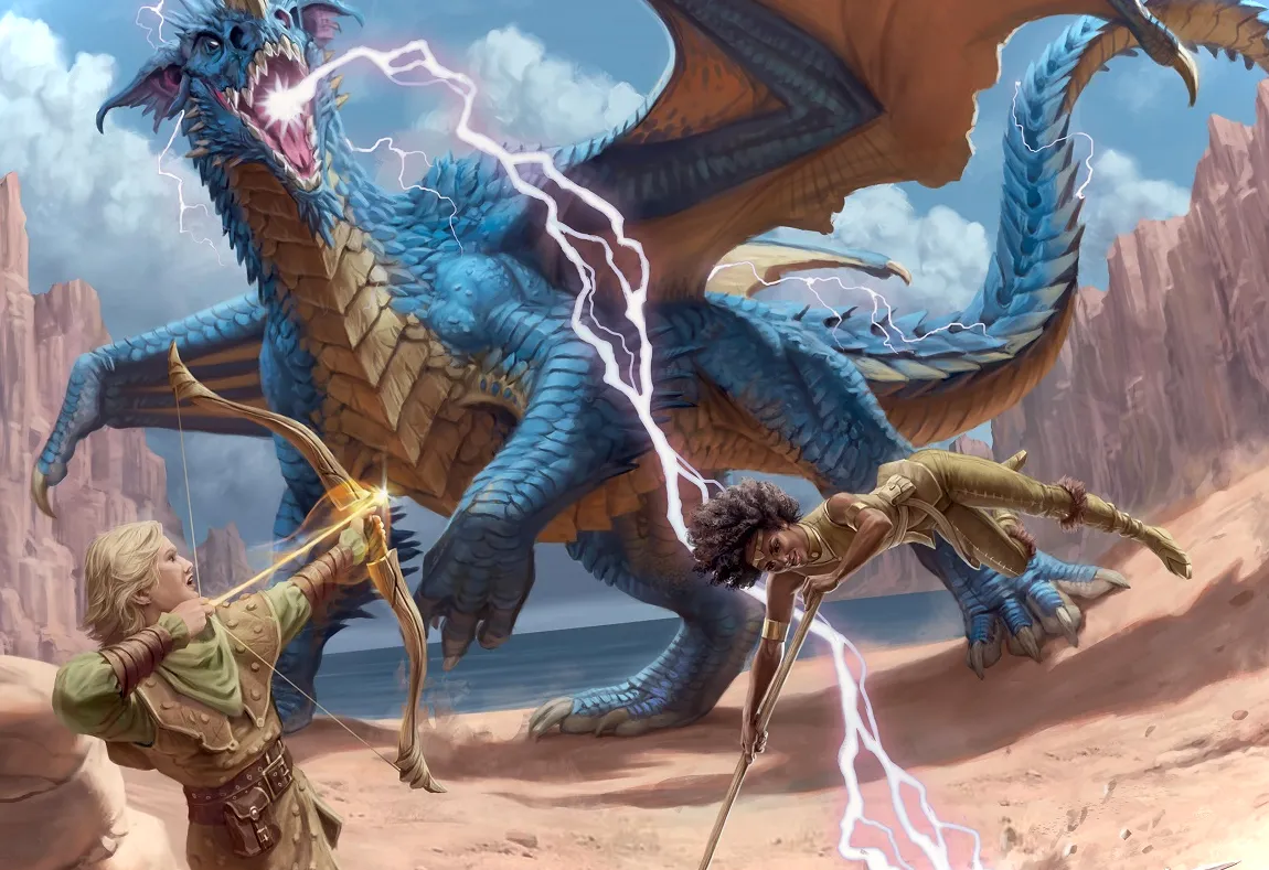 La portada de Dragons of Stormwreck Isle muestra a aventureros luchando contra un dragón azul en la playa.