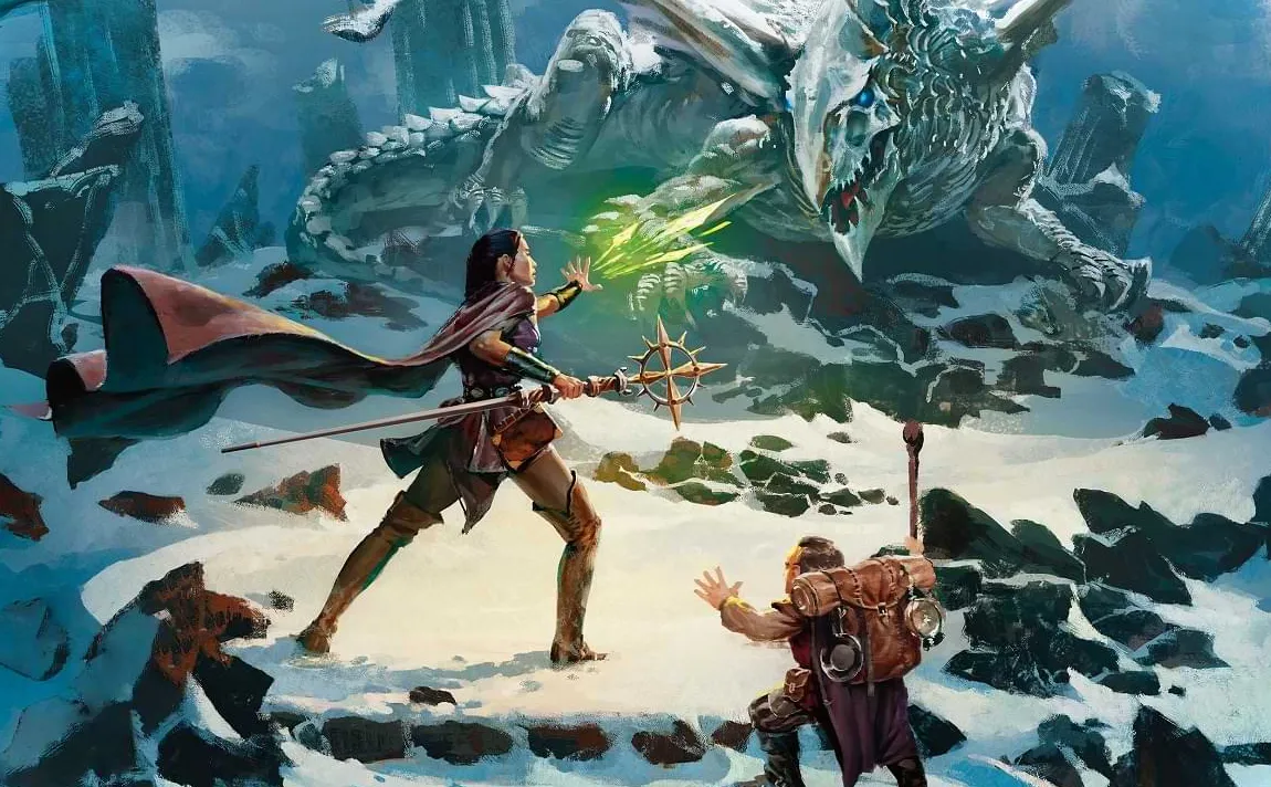 La portada de Dragon of Icespire Peak muestra a aventureros luchando contra un dragón blanco en un terreno nevado.