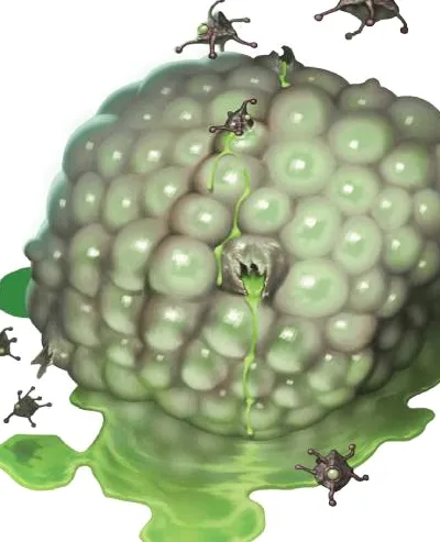 Un cerebro con pústulas y gemulas blancas y verdes brotando