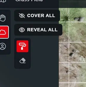 Captura de pantalla de la herramienta Fog of War de DD Beyond Maps.  Hay botones para Cubrir todo, Mostrar todo y un ícono de pincel y borrador.