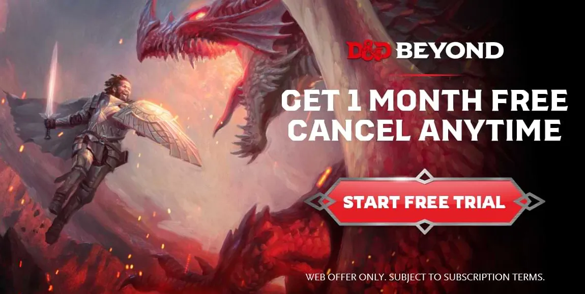 Un paladín empuñando una espada salta hacia un dragón rojo.  El texto dice: Obtenga 1 mes gratis.  Cancele en cualquier momento.  Inicie la prueba gratuita.