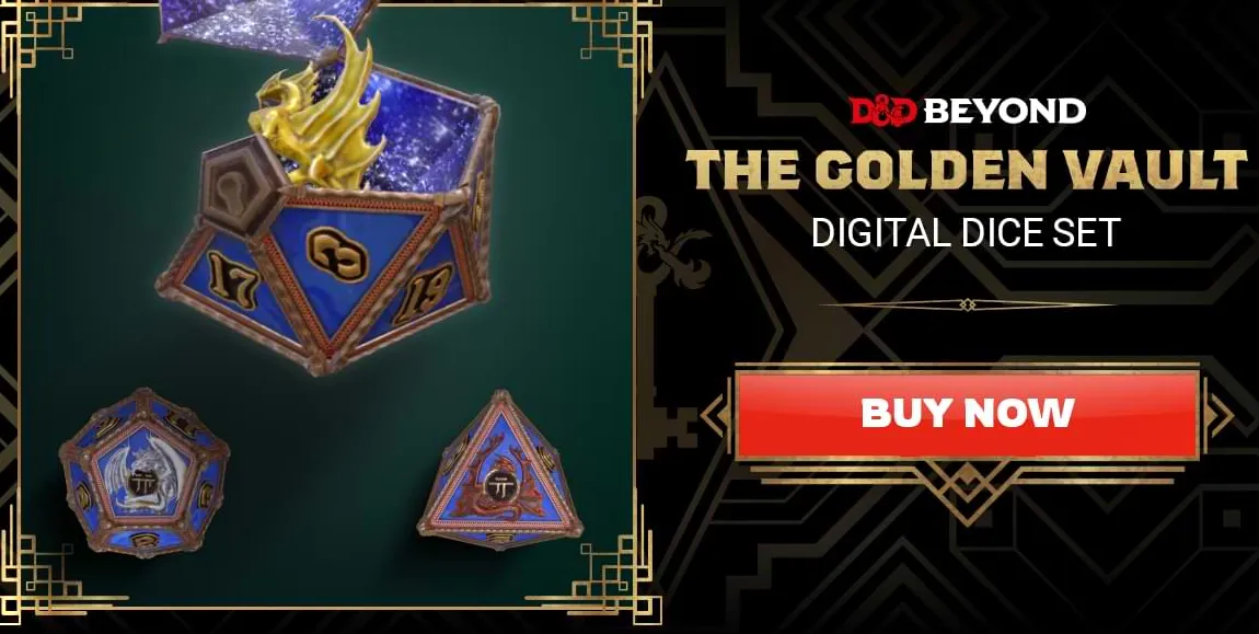La imagen muestra dados dorados y azules que revelan una estatua dorada desde dentro.  El texto lee: El juego de dados Golden Vault.  Comprélo ahora.
