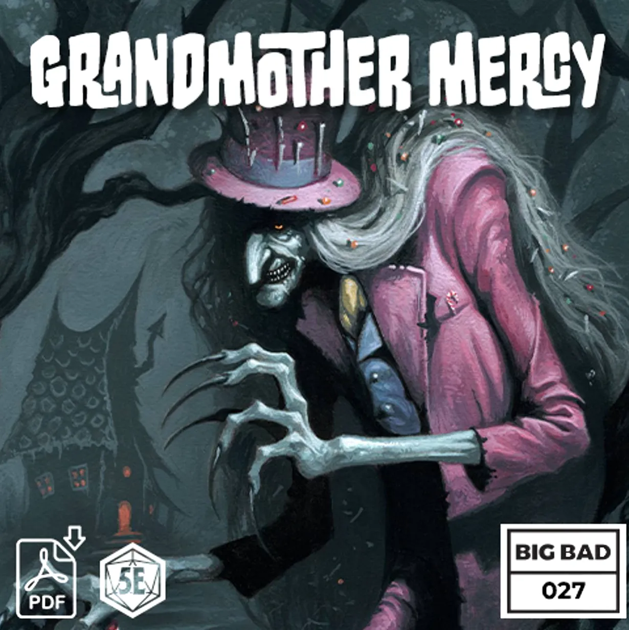Portada del libro de Grandmother Mercy que muestra a una bruja vestida formalmente con un traje rosa y sombrero de copa.