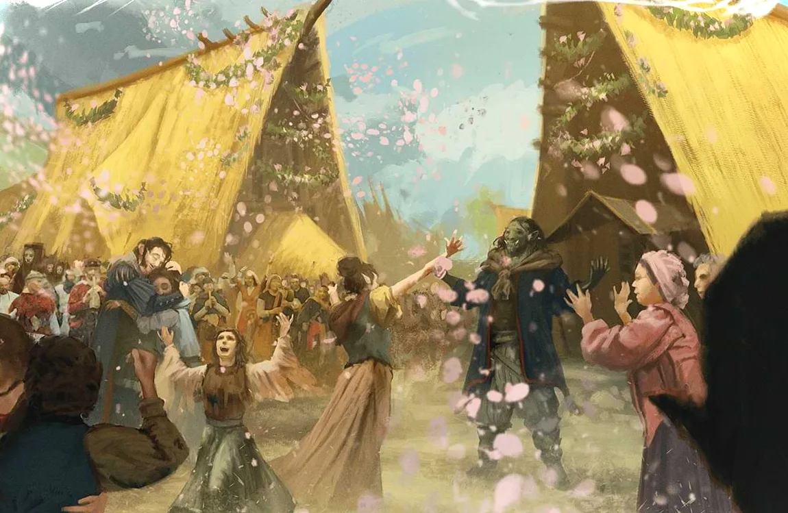 Los residentes de Phandalin bailan en celebración bajo los pétalos de flores.