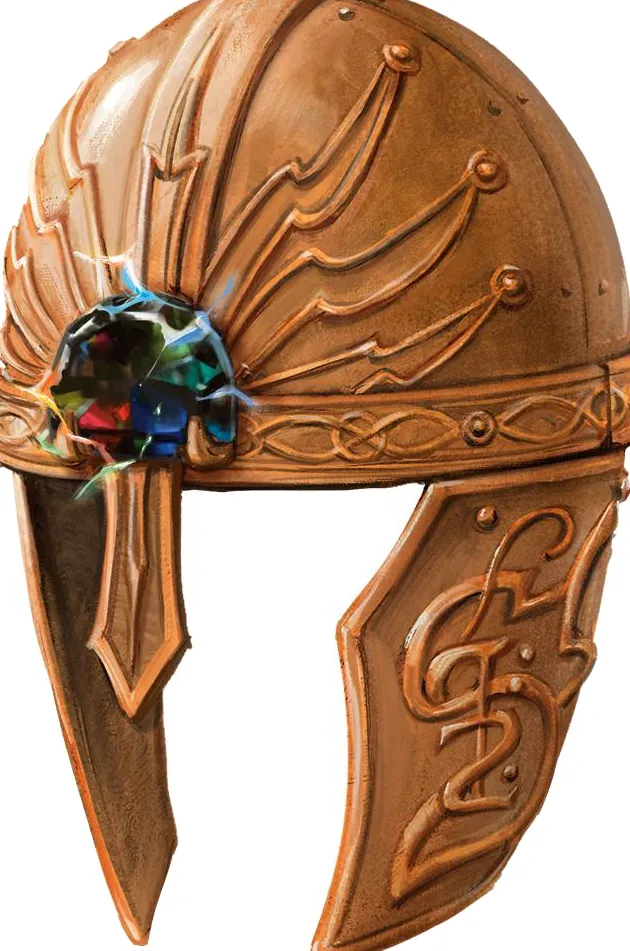 Un casco dorado con una joya multicolor crepitante en la frente.