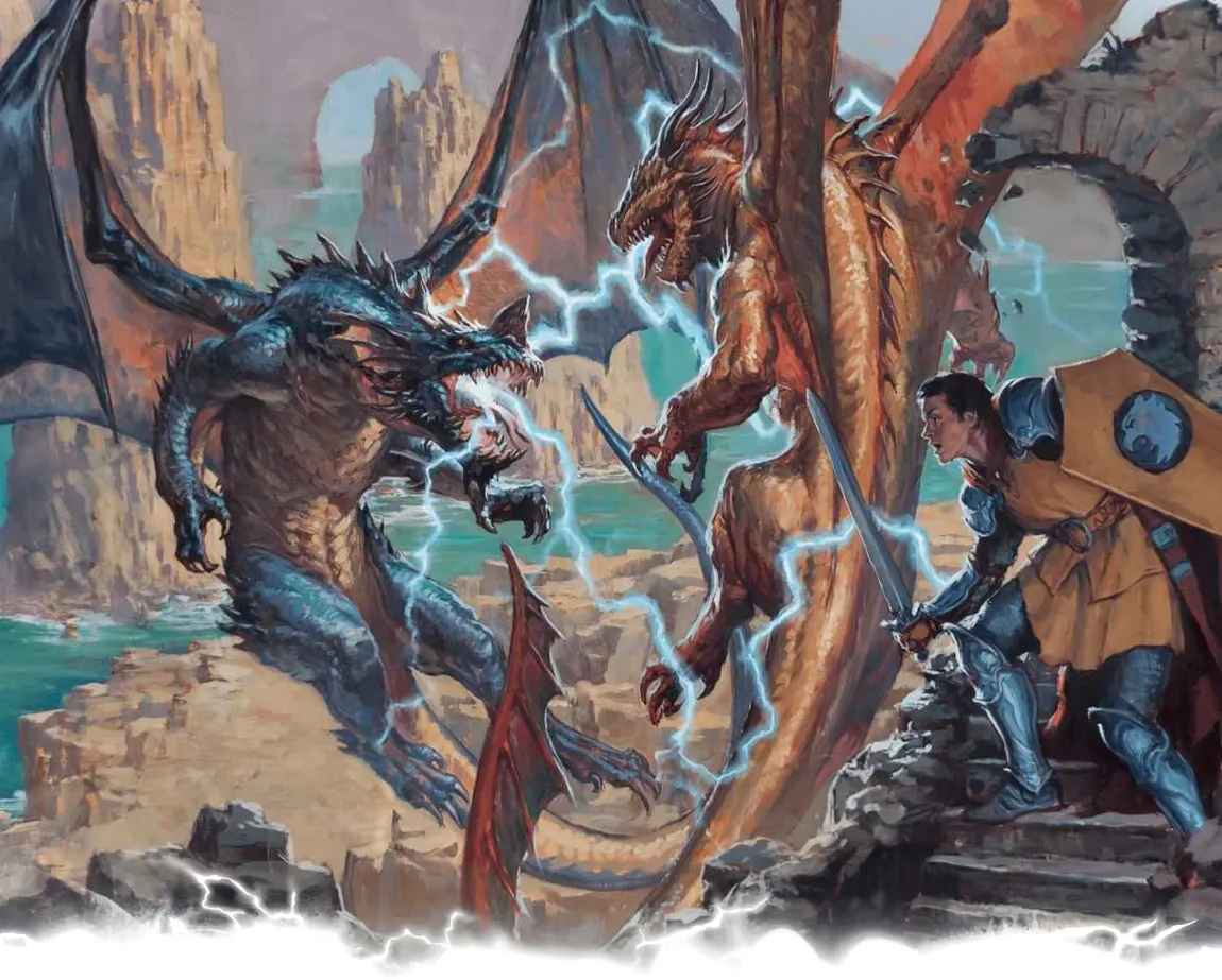 Dos dragones luchan mientras un aventurero observa desde un edificio que se derrumba