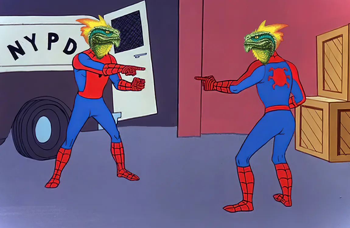 Dos hombres lagarto se señalan el uno al otro en el meme de Spiderman