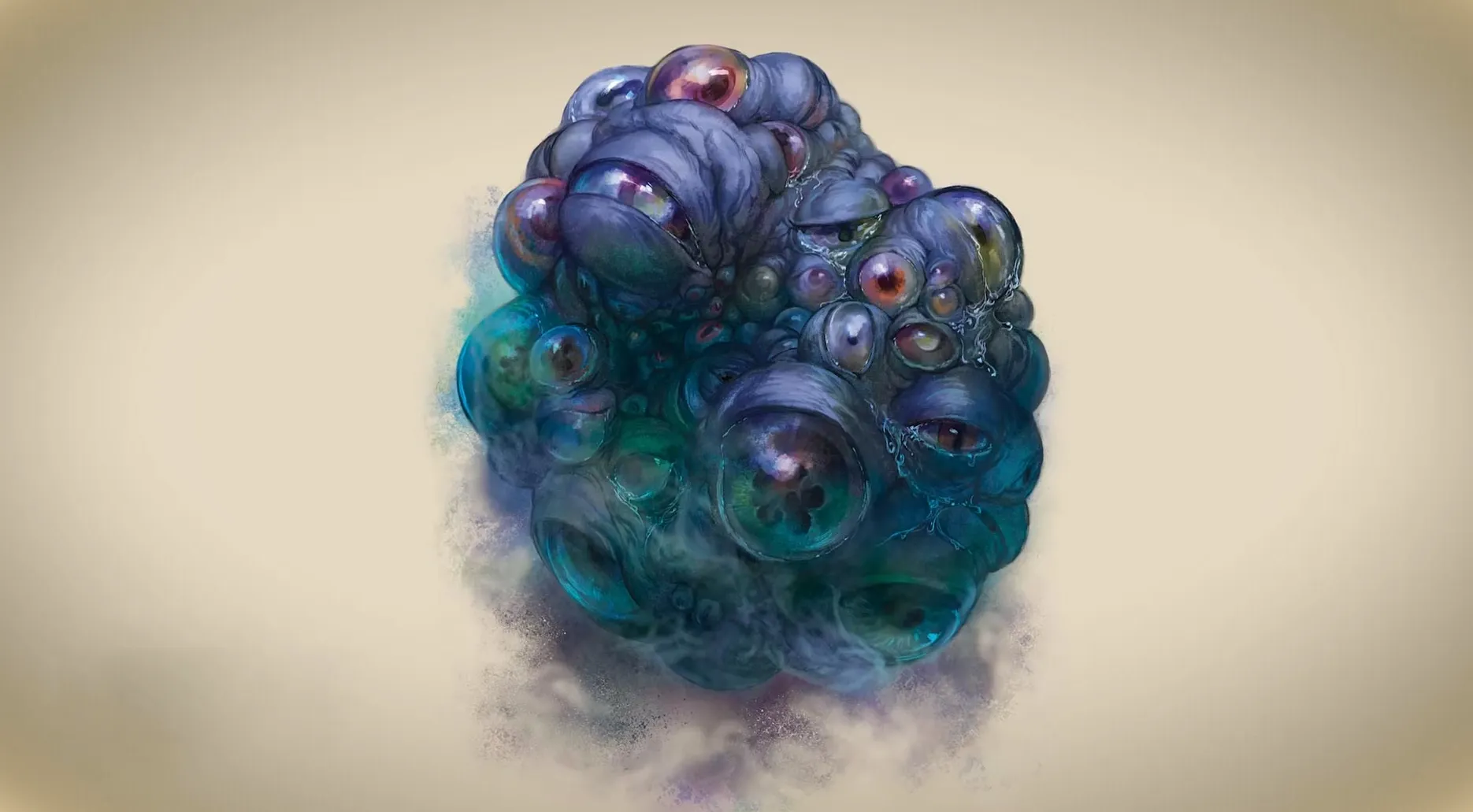 Un oculorbio representado como un enorme bulto de carne azul con ojos saltones.