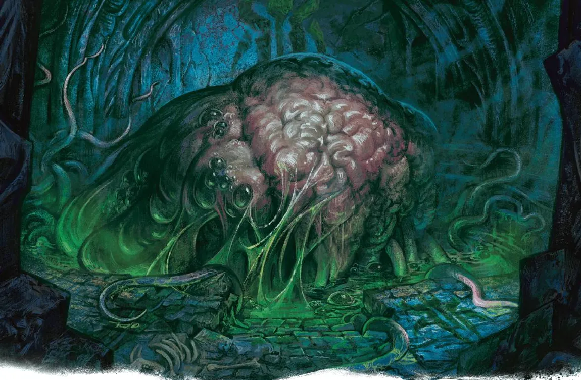 Un cerebro anciano mutado se encuentra en un charco de líquido verde burbujeante