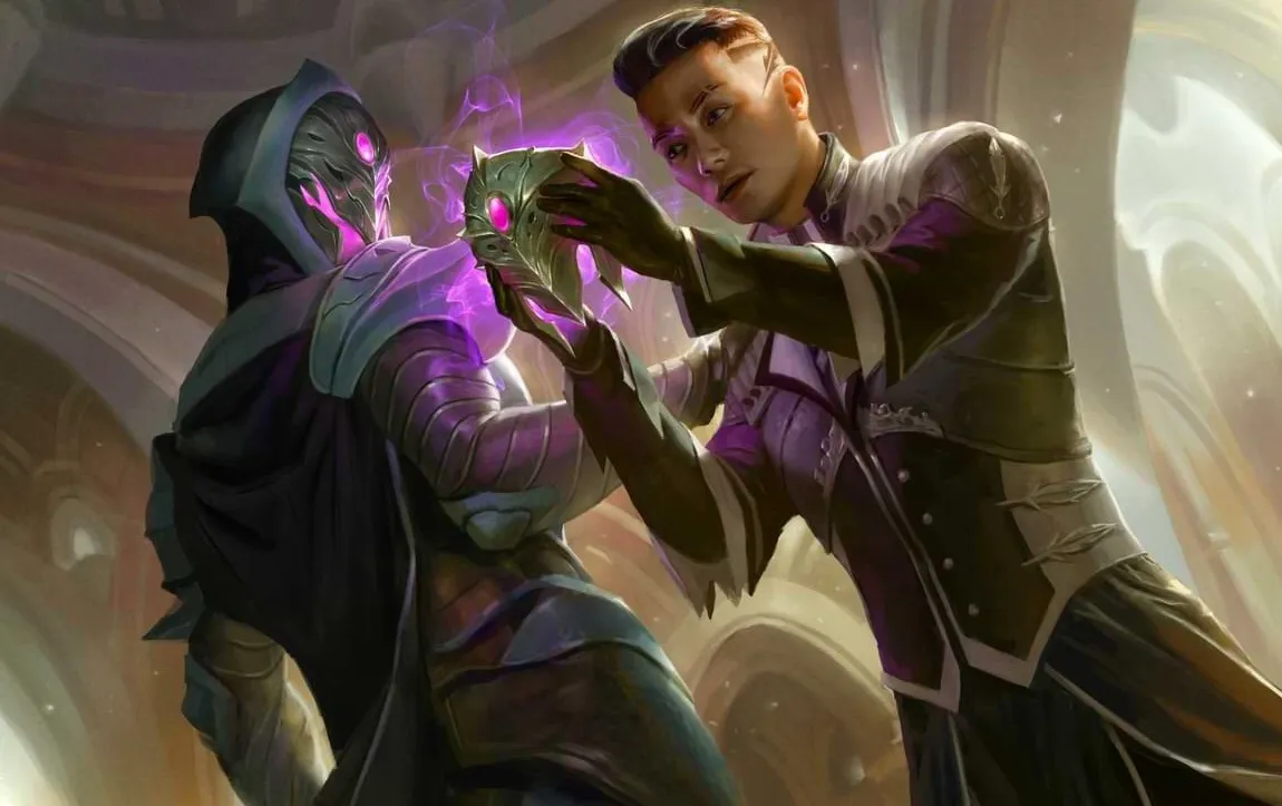 Un estudiante de Silverquill sostiene una máscara ornamentada que brilla con energía rosa.  Un mago Oriq enmascarado observa.