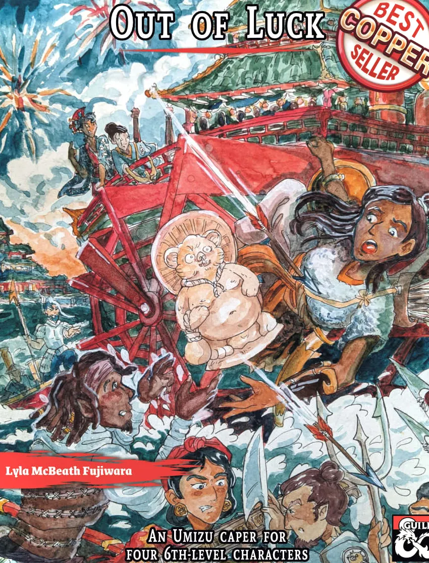 Portada del libro Out of Luck que muestra un collage de personajes dibujados a mano que se aventuran en un entorno feudal.