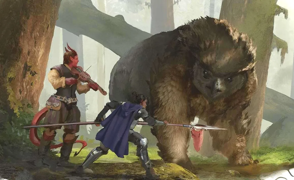 Owlbear mira con curiosidad a los aventureros