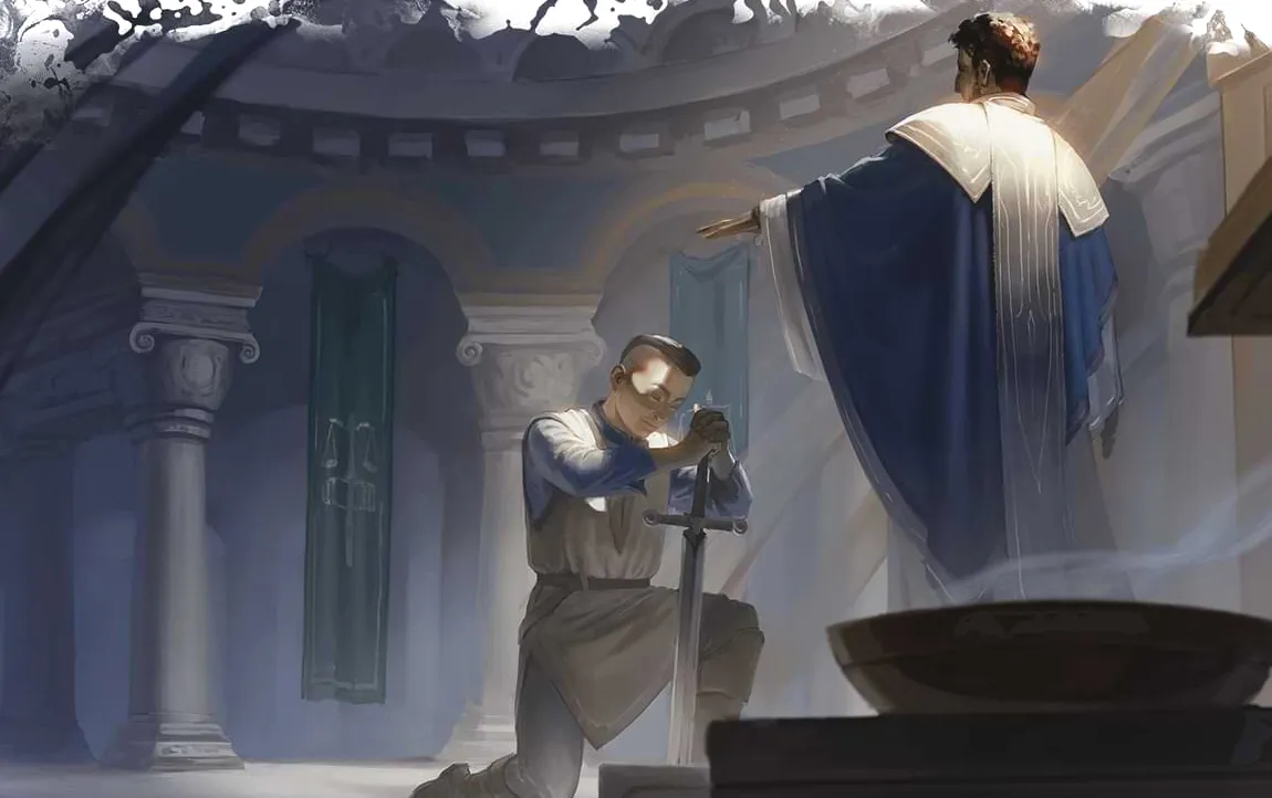 Un joven caballero se arrodilla en un templo para prestar juramento mientras un sacerdote le pone la mano encima.