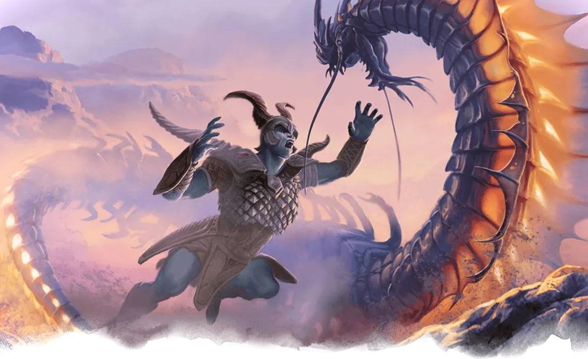 Un camino del gigante bárbaro salta para agarrar a un dragón.