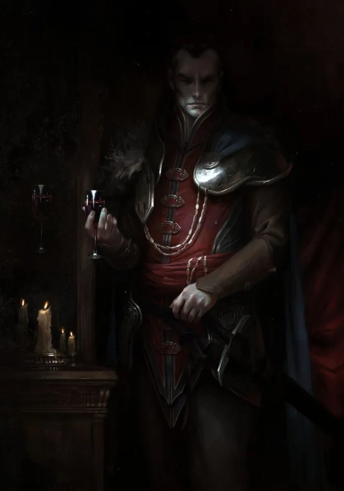 Imagen de Strahd como un ser humano con una túnica de color oscuro y un corazón sosteniendo una copa de vino tinto.