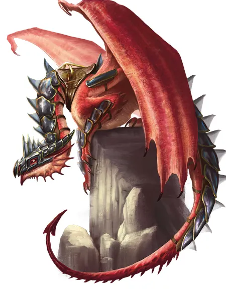 Un dragonnel rojo con armadura agachado para prepararse para el vuelo.