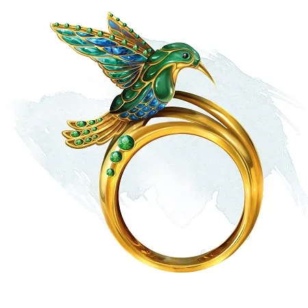 Anillo de oro con un colibrí de esmeralda y zafiro.