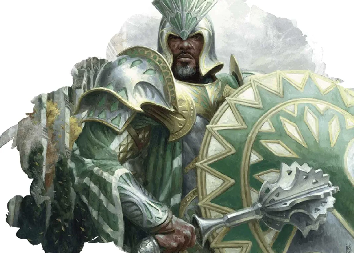 Un caballero Selesyna con armadura verde y dorada empuña una maza y un escudo.