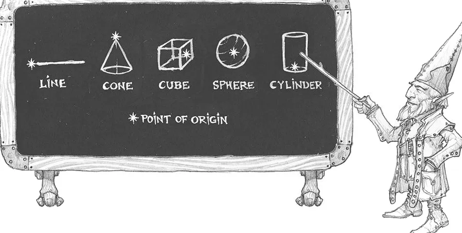 Un gnomo apuntando a una pizarra con diferentes diagramas de áreas de efectos.