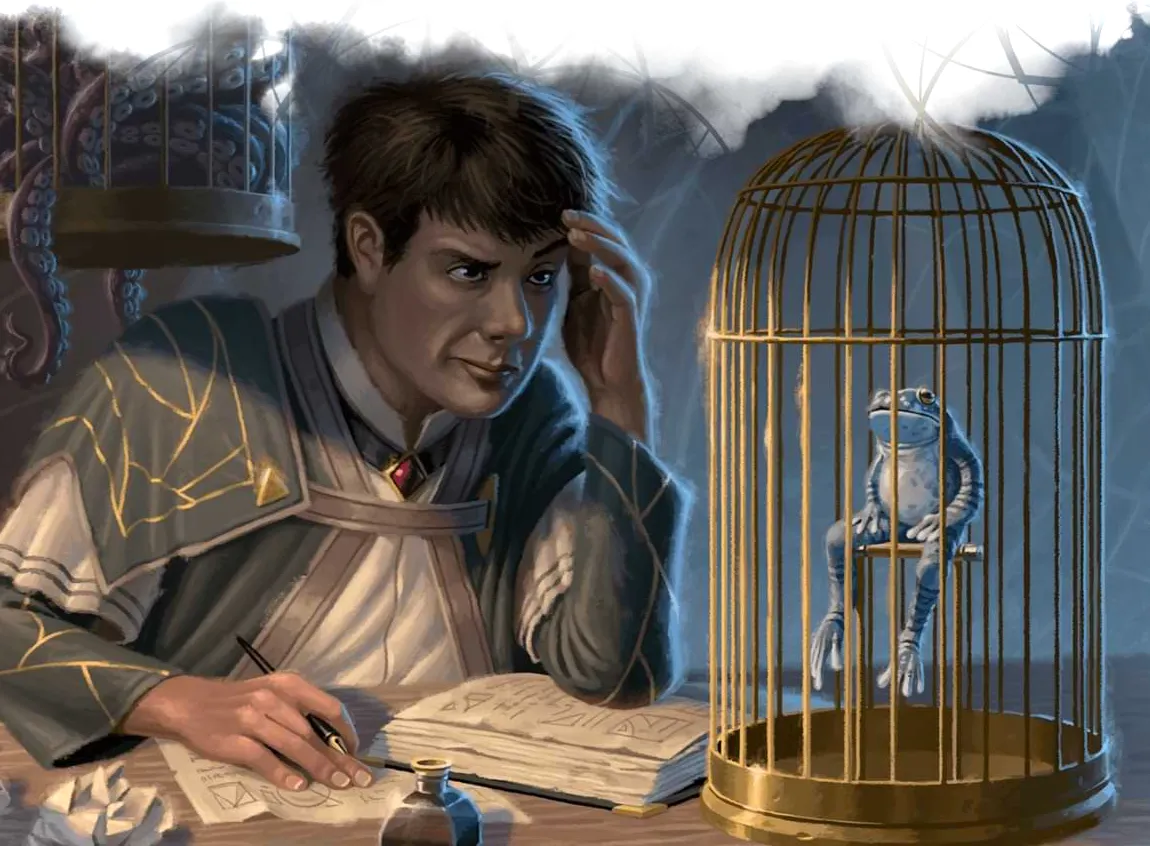 Estudiante de magia en una biblioteca mirando una rana en una jaula