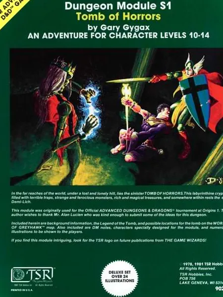 Portada de aventuras de Tomb of Horrors que muestra dos aventuras luchando contra un monstruo esquelético.