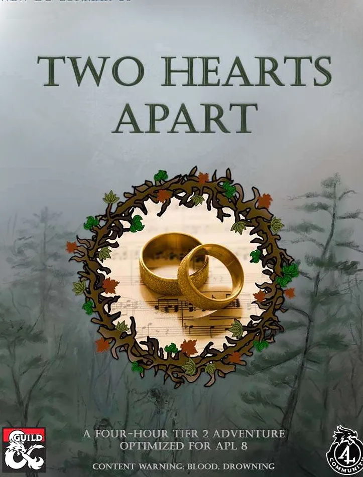 Portada del libro Two Hearts Apart que muestra dos anillos de oro rodeados por un círculo de ramitas.