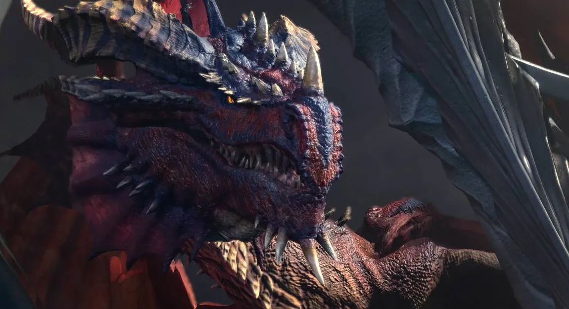 Una imagen renderizada de un dragón rojo.